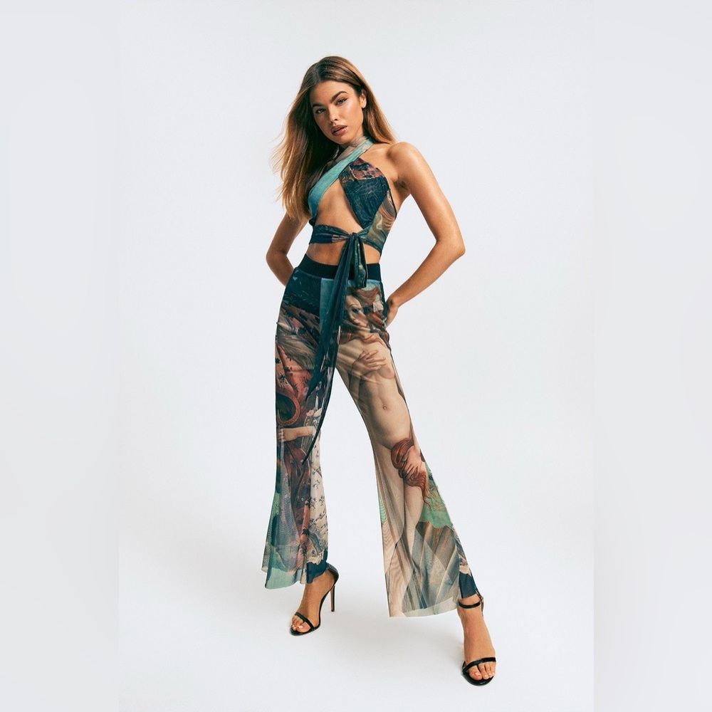 Abstract Print Mesh Flared Pants + Crop Top